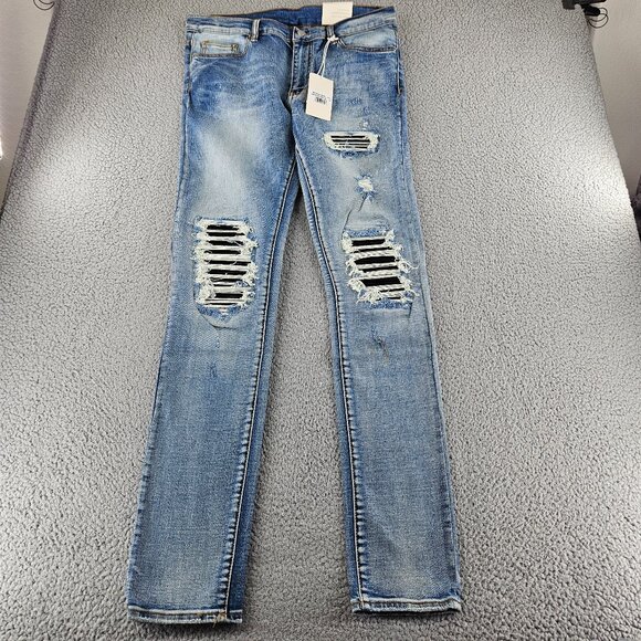 MNML Jeans Mens 34 Blue X203 Stretch Denim Distressed Ripped Slim Fit Pants - Picture 1 of 16